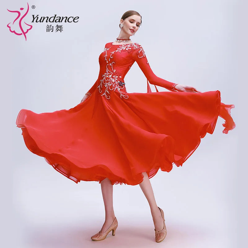 Women's Standard Ballroom Dance Dress With Rhinestones In Coffee Chiffon For Competition