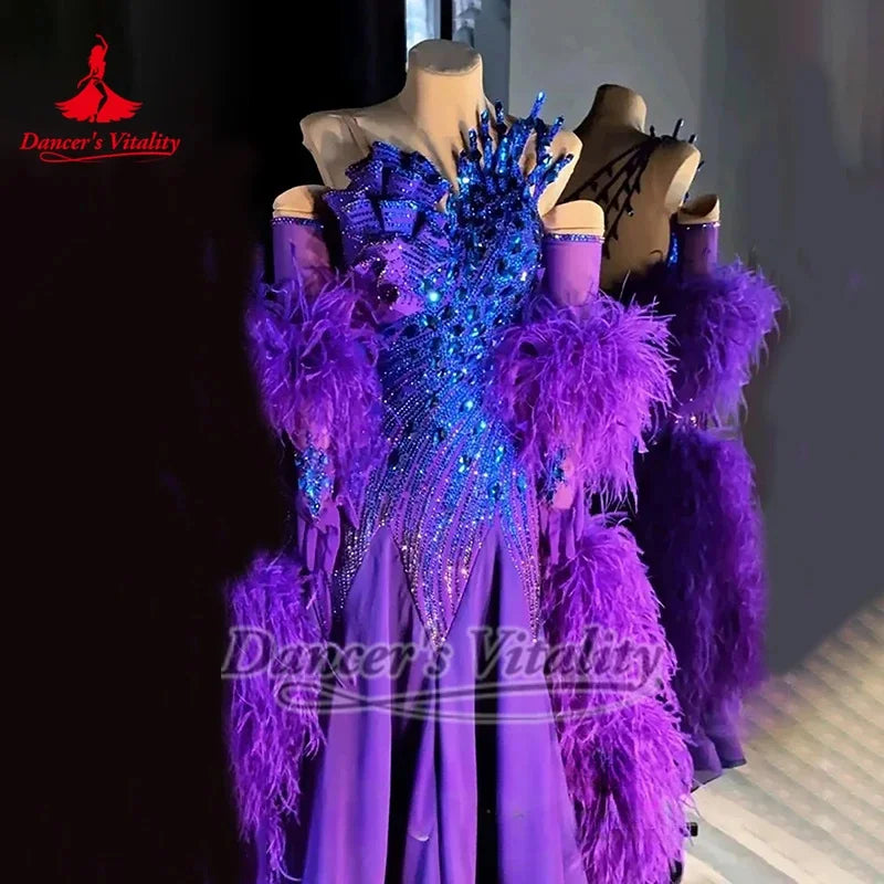Ballroom Dance Purple Sexy Sleeveless Backless Professional Graceful Dress Dancer's Vitality Adult Foxtrot Feather Style Outfit