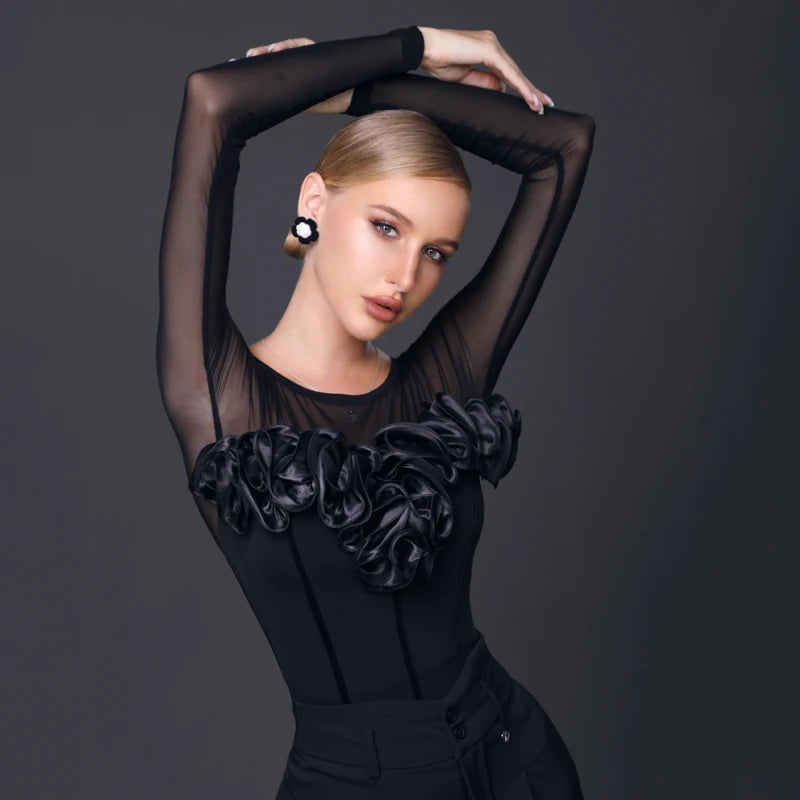 Women's Black Mesh Long Sleeve Bodysuit with Floral Ruffles & Back Buttons, Ballroom Dance