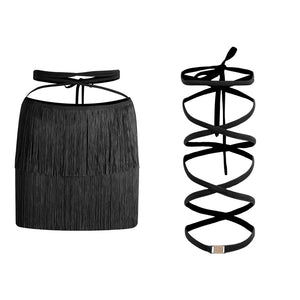 Women's Black Cold Shoulder Fringe Latin Dance Dress with Criss-Cross Cut-Outs