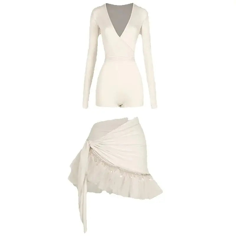 Women's Black, Pink, Ivory Long Sleeve V-Neck Wrap Bodysuit with Ruffled Tulle & Satin Tie Skirt for Latin Ballroom Dance