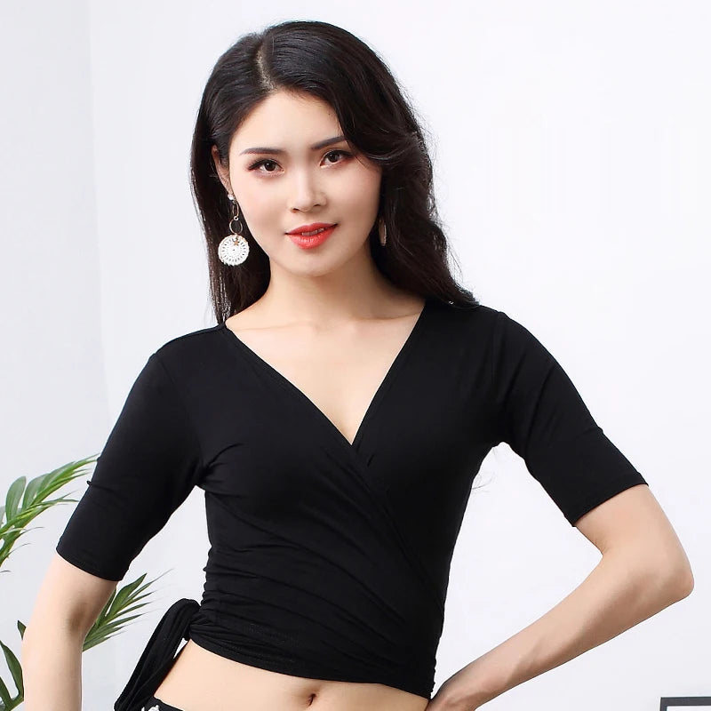 Women's Blue V-Neck Wrap Belly Dance Top with Elbow Sleeves, Performance Apparel