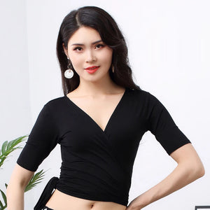 Women's Blue V-Neck Wrap Belly Dance Top with Elbow Sleeves, Performance Apparel