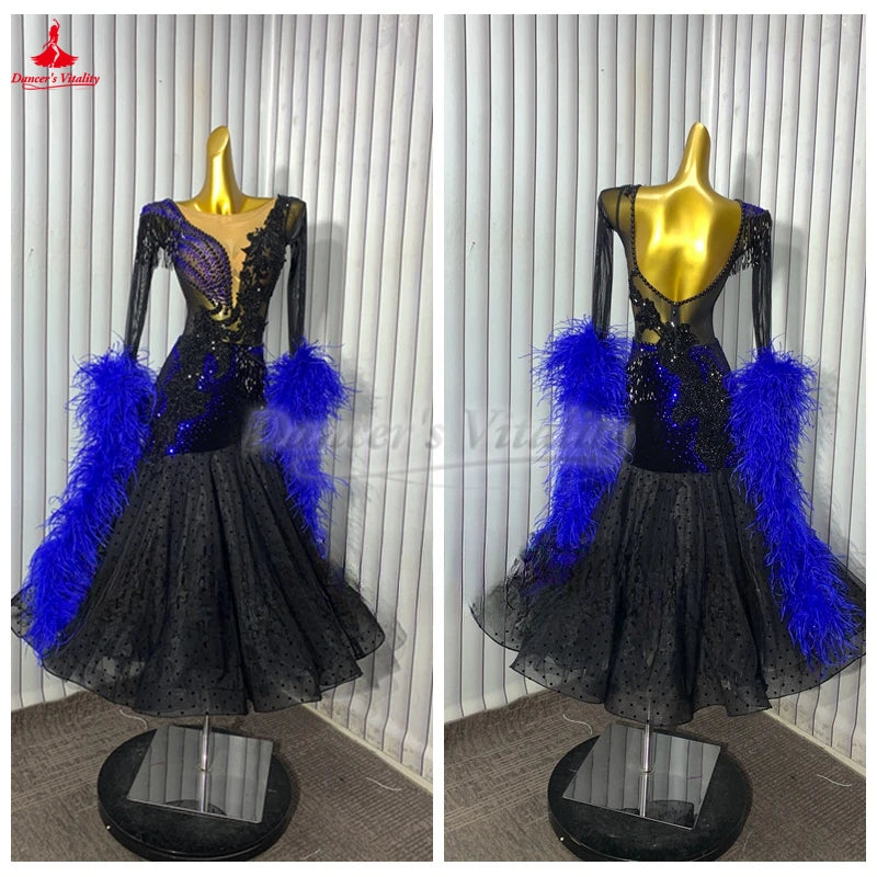 Adult Waltz Foxtrot Tango Quickstep Clothes The Back Can Be Customize in Height Female Ballroom Dance Wave Point Big Swing Dress