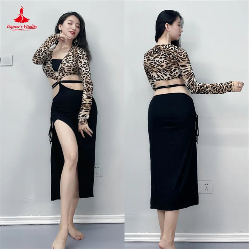 Women's Leopard Print Long Sleeve Crop Top & Black Slit Skirt Set - Latin Dancewear