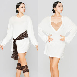 Women's White Long Sleeve Oversized Dance Tunic with Lace Belt & Fishnet Tights, Ballroom