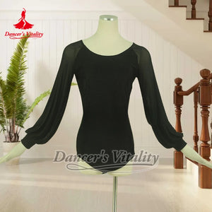 Women's Black Mesh Long Sleeve Leotard with Back Keyhole Ring Detail for Ballroom Dance