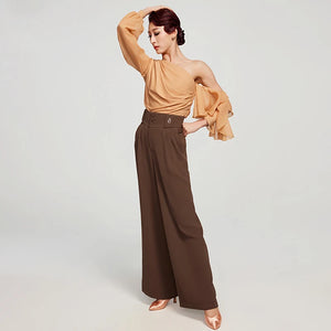Women's Brown & Peach One-Shoulder Ruffle Sleeve Ballroom Dance Top & Pleated Wide-Leg Pants Set