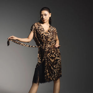 Women's Brown Leopard Print Fringe Latin Dance Dress