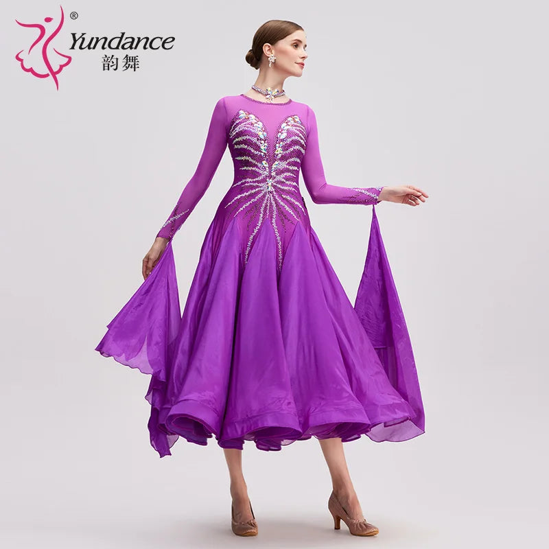 Women's International Standard Ballroom Dance Dress Purple Chiffon For Competition