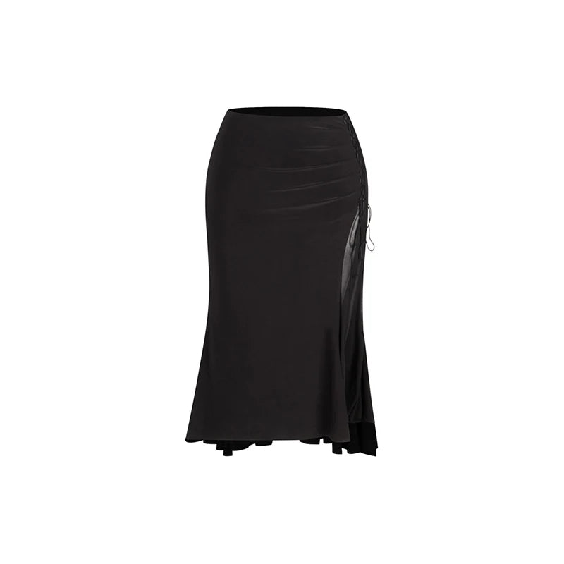 Women's Black Halter Neck Ruched Crop Top & Side Drawstring Ruffle Hem Skirt Latin Dancewear Set