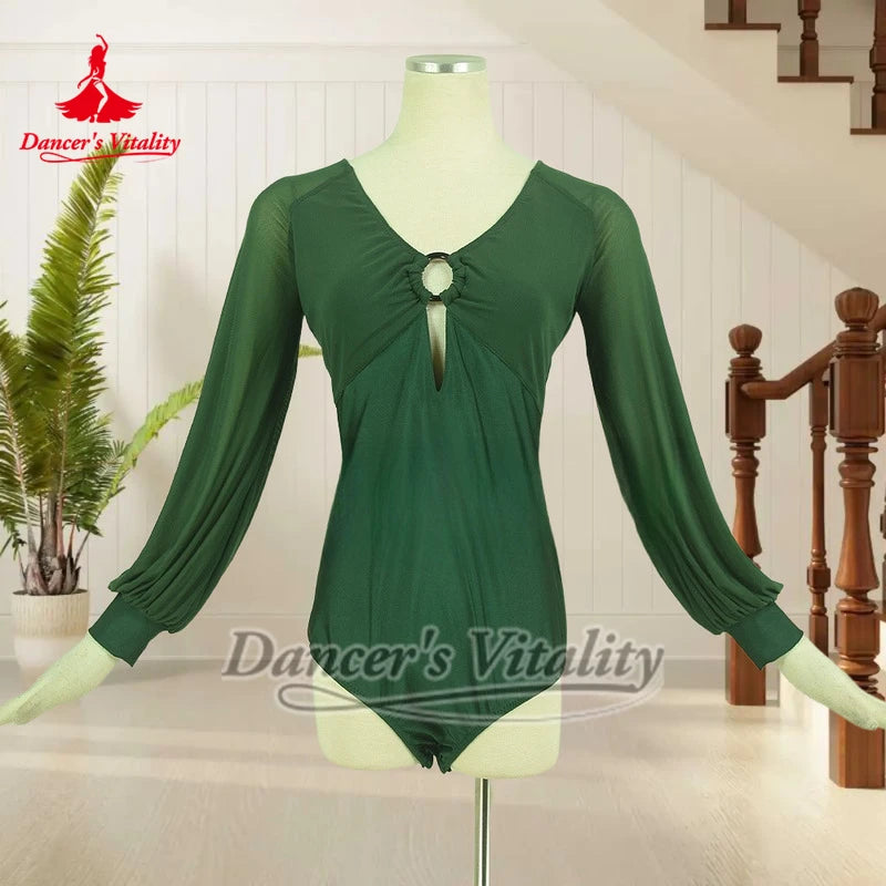 Women's Dark Green V-Neck Long Sleeve Mesh Ballroom Dance Leotard