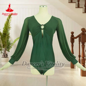 Women's Dark Green V-Neck Long Sleeve Mesh Ballroom Dance Leotard