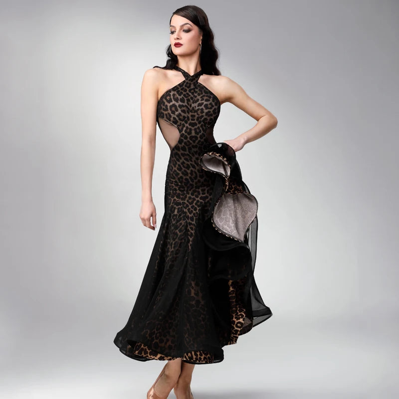 Women's Black Leopard Print Mesh Halterneck Ballroom Dance Dress
