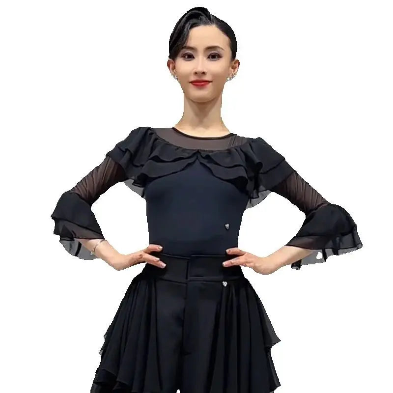 Women's Black Ruffled Mesh Long Sleeve Latin Ballroom Dance Top & Pants Set
