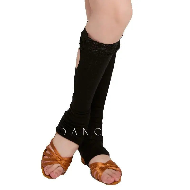 Dance Leg Warmers Women's Black Lace Trim Cutout Embellished Ribbed Knit Latin Dance Warm-up Wear