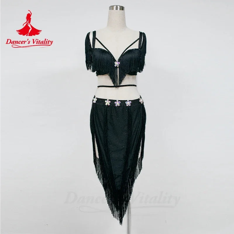 Women's Hot Pink Fringe Sequin Asymmetrical Skirt Latin Dance Dress