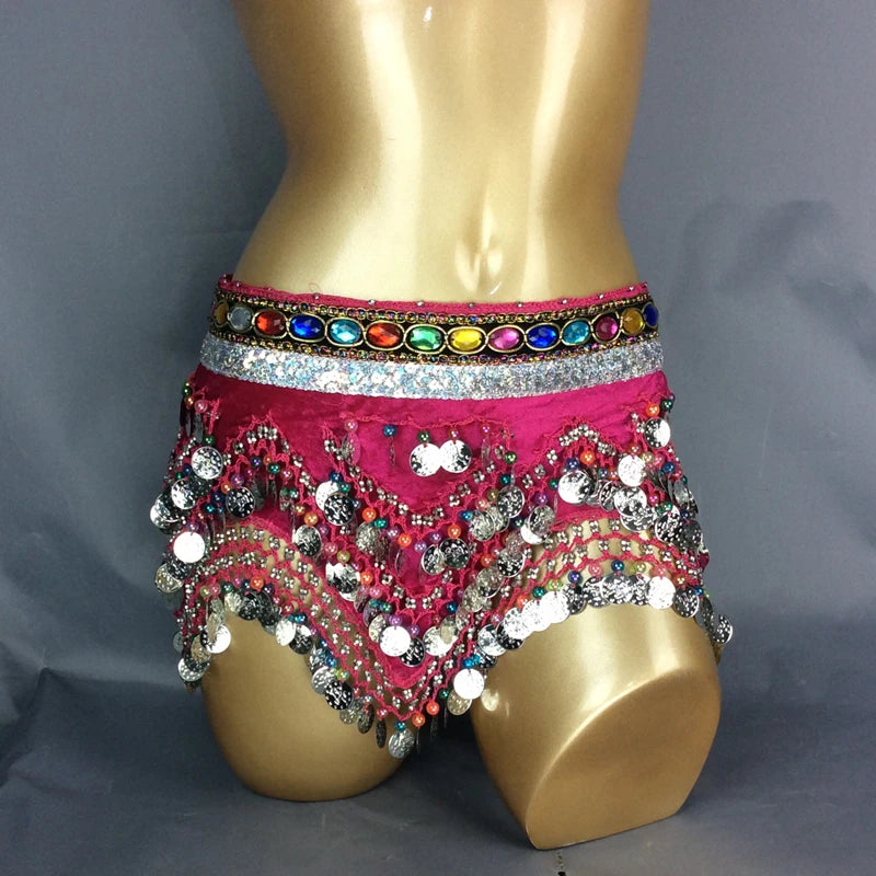 Belly Dance Hip Scarf, Women's Blue Gold Coin & Jewel Embellished Chiffon Waist Wrap, Tribal Fusion Bellydance