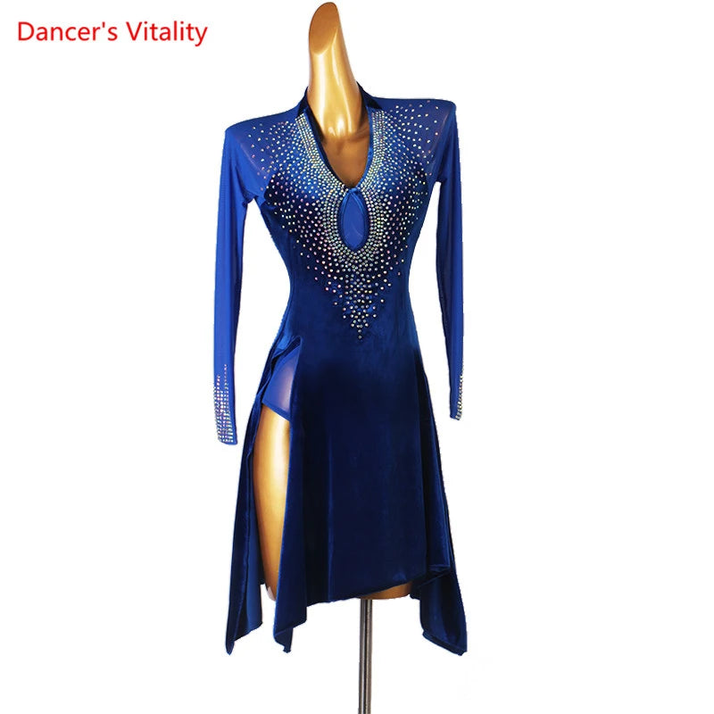 Latin Dance Dress Women Black Rhinestone Mesh Long Sleeve Keyhole Velvet Slit Skirt