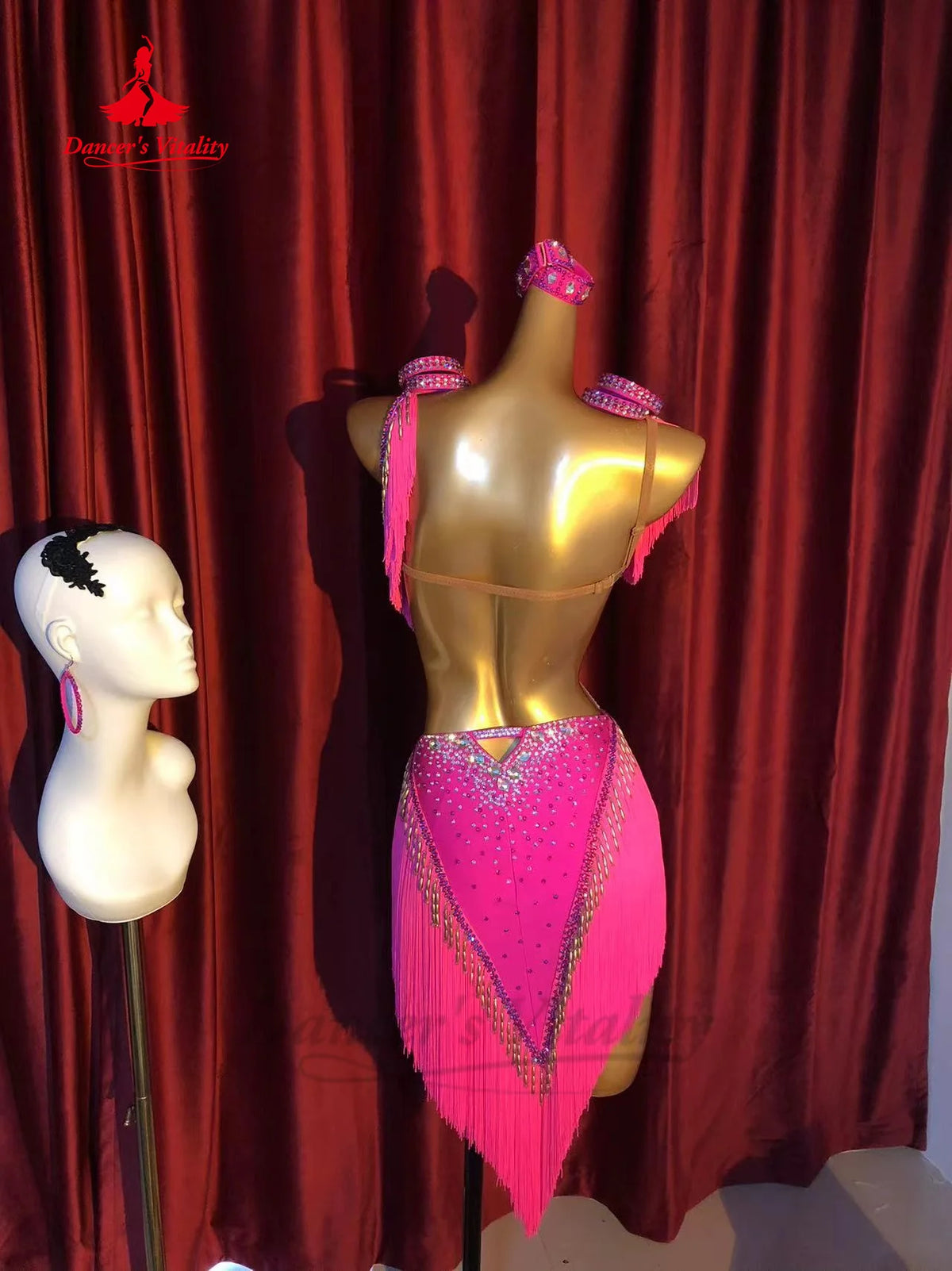 Latin Ballroom Dance Dress With AB Rhinestone Fringe For Women And Girls Tango Cha-Cha Samba Performance