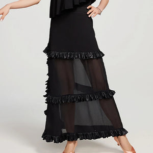 Women's Black One-Shoulder Ruffle Chiffon Tiered Latin Ballroom Dance Dress