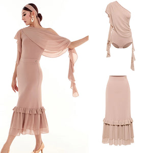 Women's Nude Chiffon One-Shoulder Ruffle Bodysuit & Skirt Latin Dancewear Set