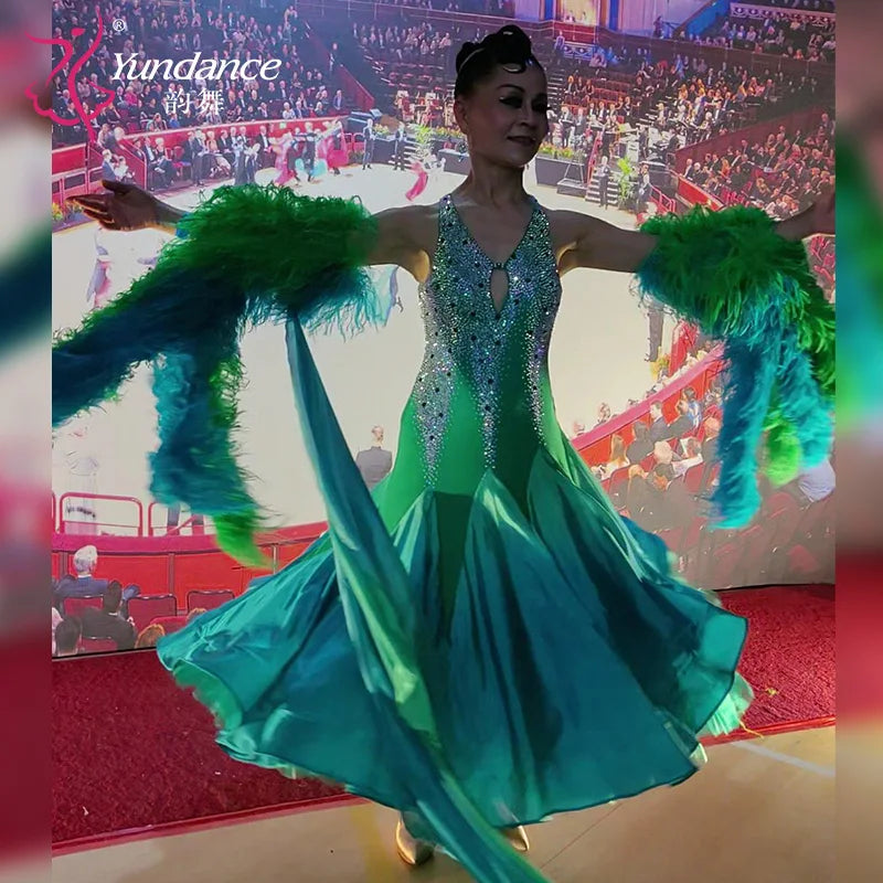 Women's Ballroom Competition Dance Dress With Feather Trim In Stretch Fabric For Performance