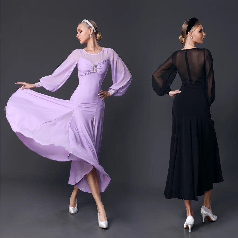 Women's Lavender & Black Sheer Sleeve Ballroom Dance Dress, Mesh & Chiffon, Latin & Standard