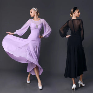 Women's Lavender & Black Sheer Sleeve Ballroom Dance Dress, Mesh & Chiffon, Latin & Standard