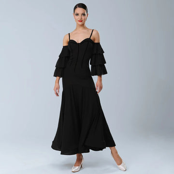Women's Black Chiffon Off-Shoulder Ruffle Sleeve Sweetheart Neckline Latin Ballroom Dance Dress