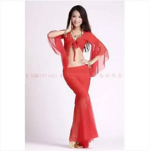 Belly Dance Costume Women's Purple Chiffon Long Sleeve Crop Top and Flare Pants Set