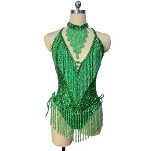 Women's Olive Green Beaded Sequin Halter Neck Fringe Latin Dance Leotard