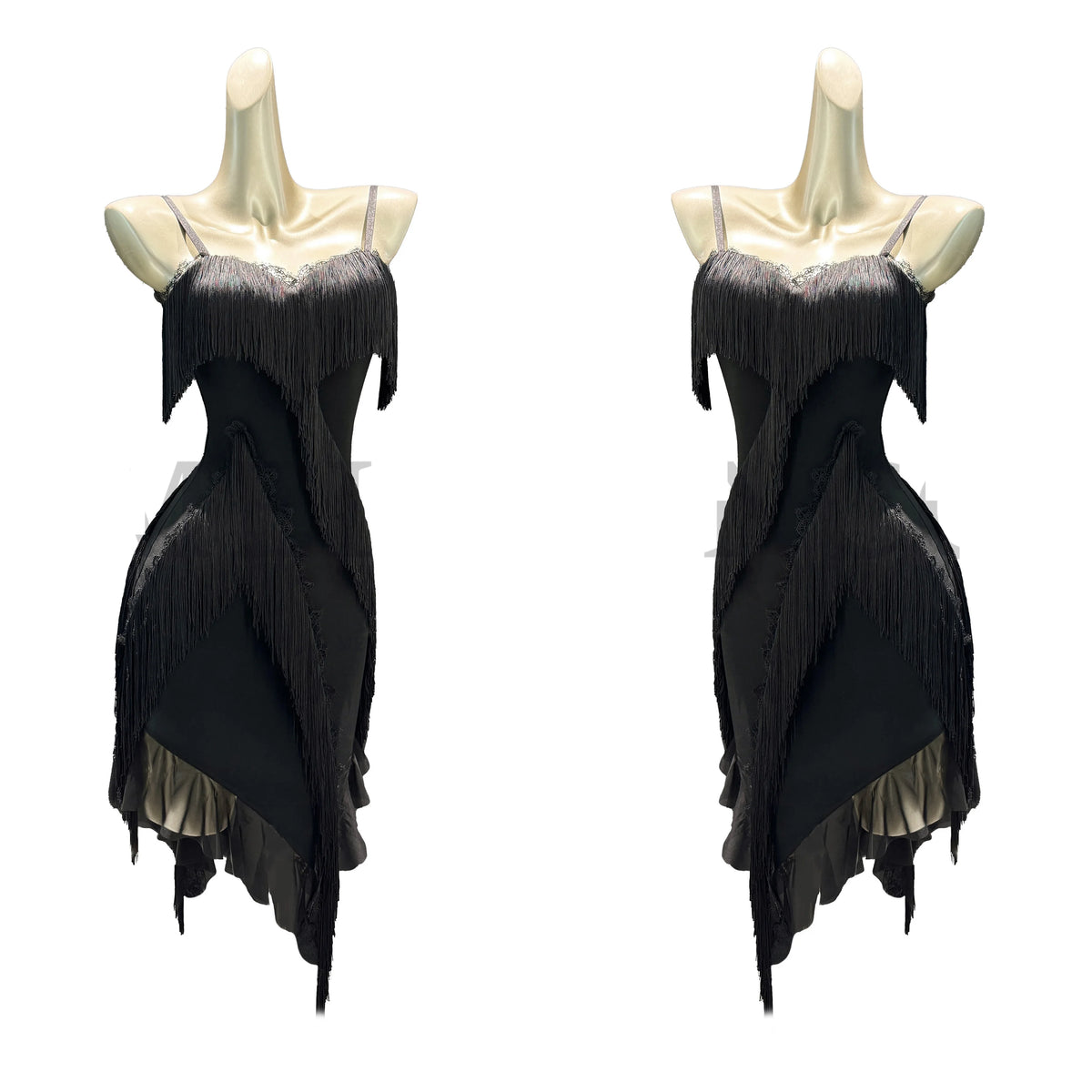 Women's Light Blue/Black Fringe Asymmetrical Hem Latin Dance Dress