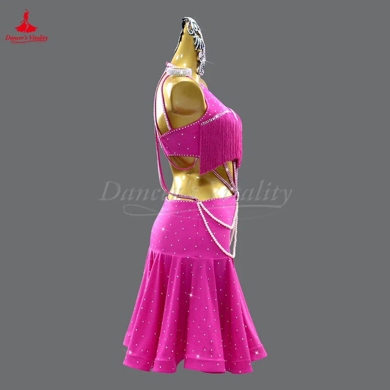 Women's Fuchsia Halter Fringe Rhinestone Pearl Latin Dance Dress