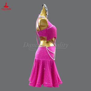 Women's Fuchsia Halter Fringe Rhinestone Pearl Latin Dance Dress