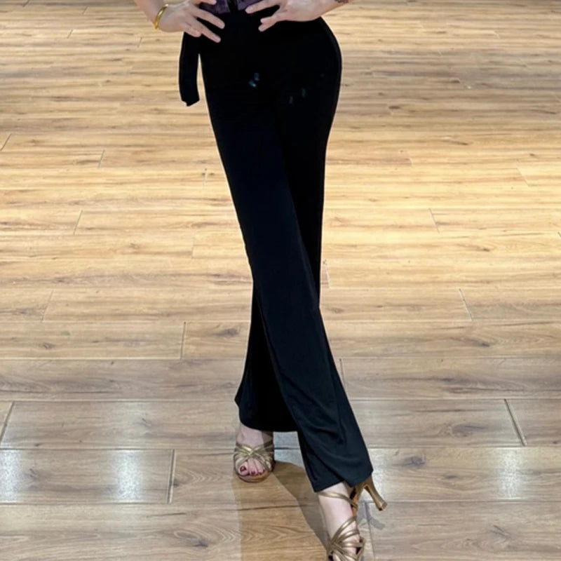 Women's Brown and Purple Lace V-Neck Cami Bodysuit with Black Flare Dance Pants Latin Ballroom Performance Outfit