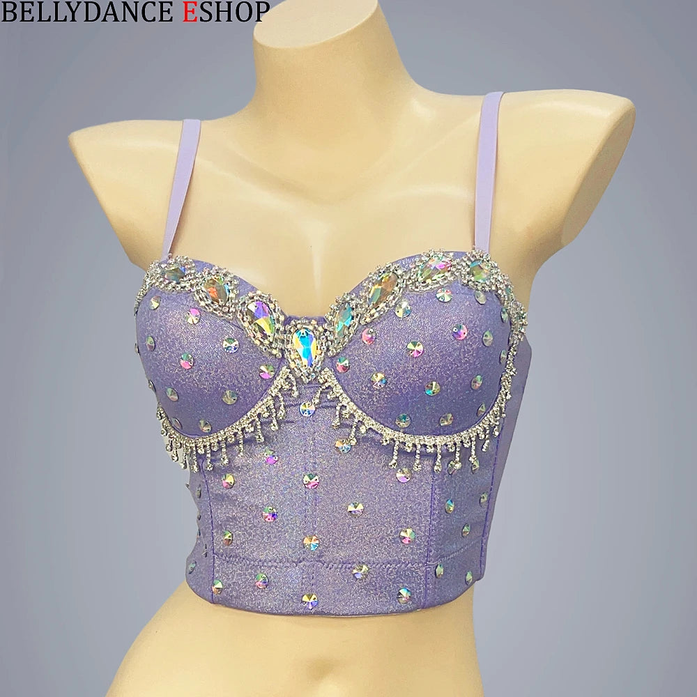 Belly Dance Bra Top, Women's Lavender Sequin & Rhinestone Embellished Dance Costume Top, Belly Dancing