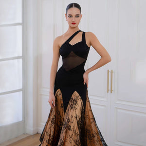 Ballroom Dress Women's Black and Gold Lace Mesh One Shoulder Asymmetrical Hem Standard Dance