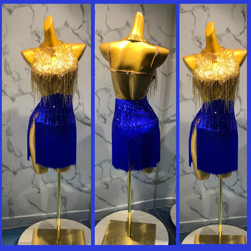 Women's Gold and Royal Blue Sequin Fringe Latin Rhythm Dance Dress