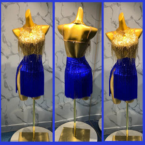 Women's Gold and Royal Blue Sequin Fringe Latin Rhythm Dance Dress