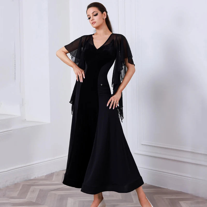 Women's Black Velvet and Chiffon V-Neck Ballroom Dance Dress with Flutter Sleeves