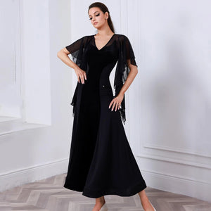 Women's Black Velvet and Chiffon V-Neck Ballroom Dance Dress with Flutter Sleeves