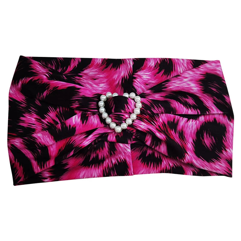 Girls' Embellished Headband for Dance, Various Colors & Animal Prints, Stretch Fabric, Heart Pearl Accent