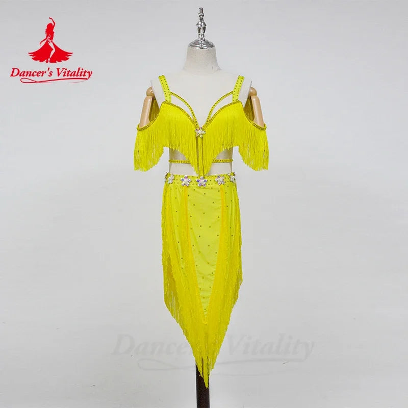 Women's Hot Pink Fringe Sequin Asymmetrical Skirt Latin Dance Dress