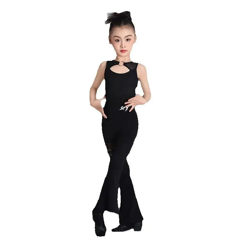 Girls Black Mesh Cutout Sleeveless Leotard Flared Dance Pants Set Latin Ballroom