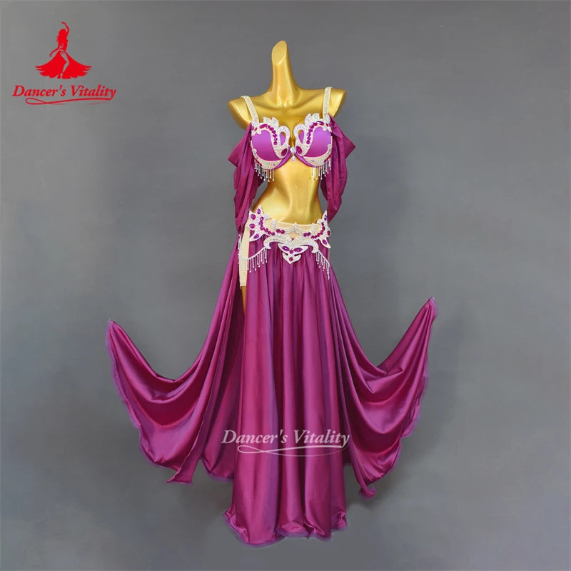 Belly Dance Costume Women White Embellished Chiffon & Satin Skirt Set with Bra and Armbands