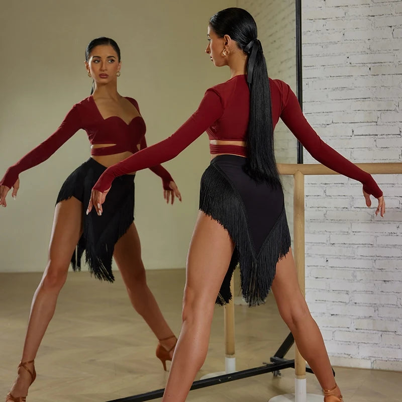 Women's Burgundy & Black Fringe Latin Dance Top and Shorts Set, Long Sleeve Sweetheart Crop Top, High Waist Fringe Shorts