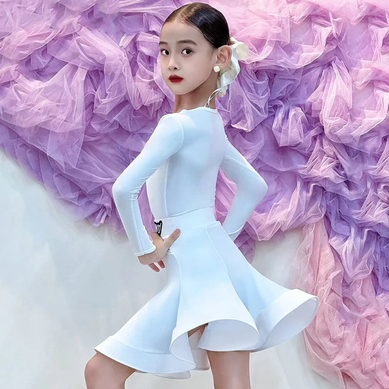 Girls' Pink Long Sleeve V-Neck Ruffled Skirt Latin Dance Dress