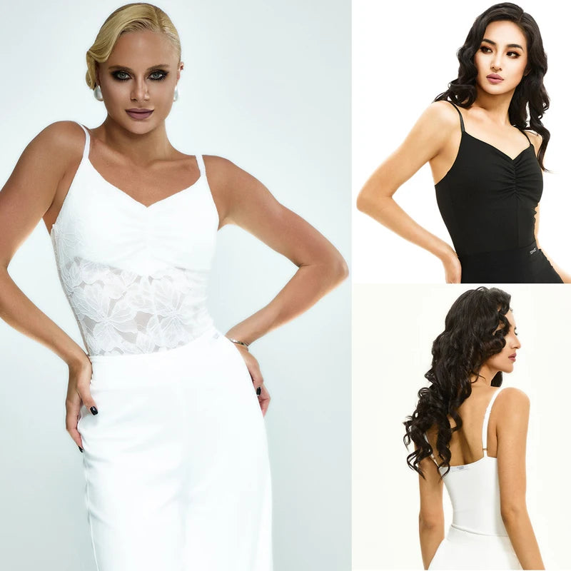 Women's White Lace & Solid Spandex V-Neck Camisole Bodysuit, Latin Ballroom Dance