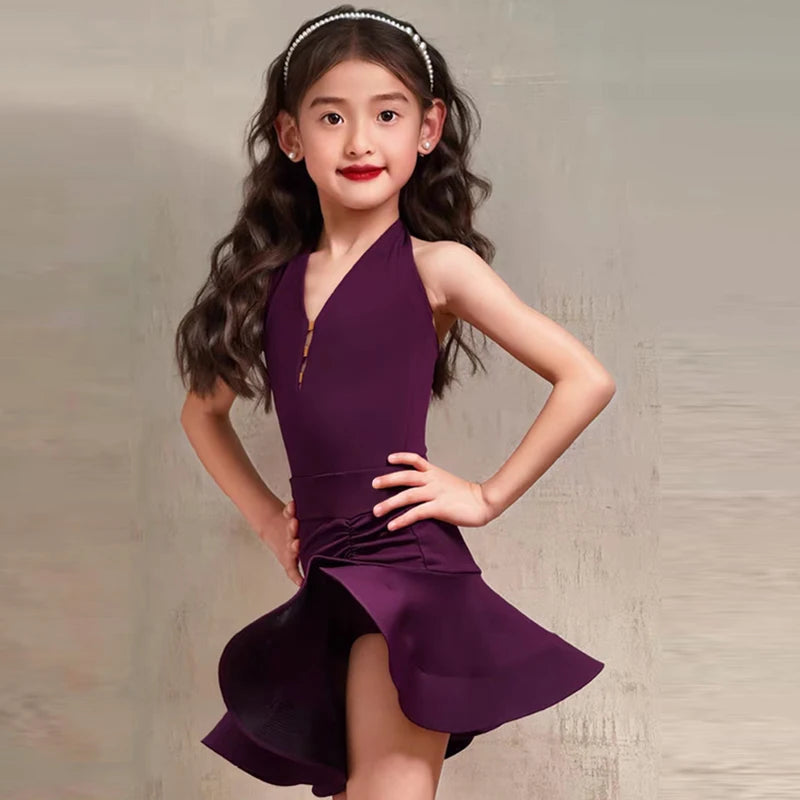 Girls' Purple Halter Neck Ruffled Performance Dance Dress, Lycra Spandex, Latin Ballroom